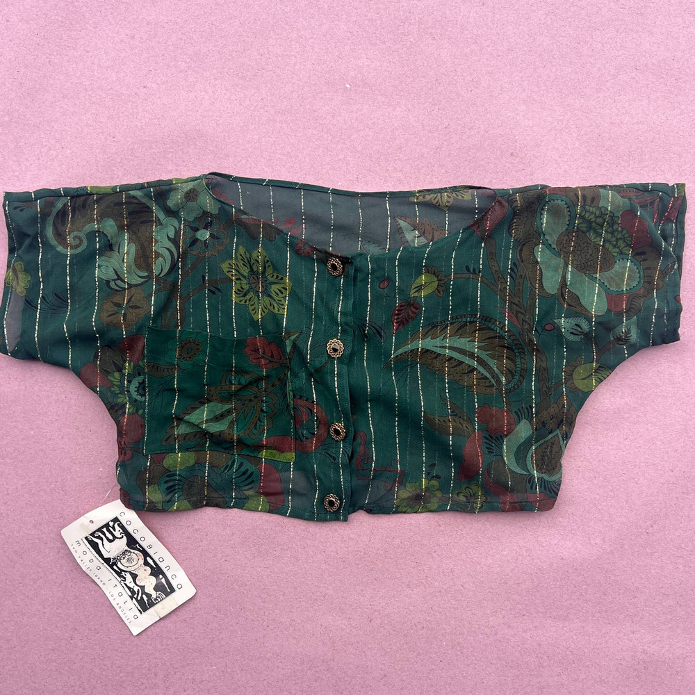 80s Semi-Sheer Green Floral Button Up Top